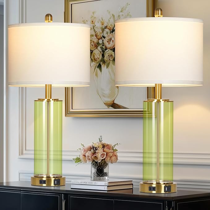 26" Green Glass Table Lamps for Bedside, Modern Living Room Lamps Set of 2 - Image 2