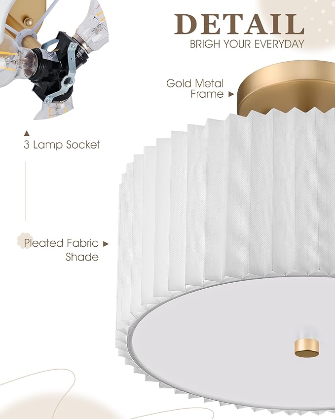 Gold Semi Flush Mount Ceiling Light, 3-Light 12.5" Ceiling Light Fixture - Image 3