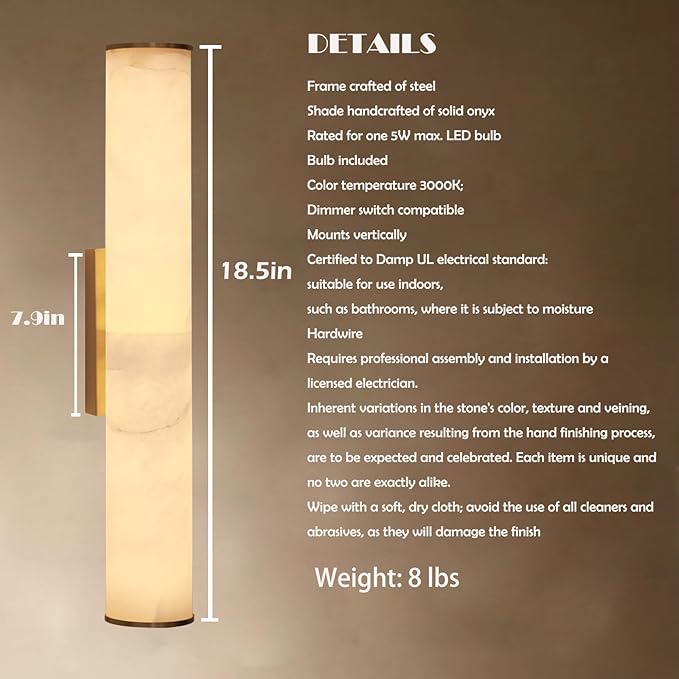 Alabaster Wall Sconces, 18.5" Modern Bathroom Vanity Sconces, Brass Alabaster - Image 4