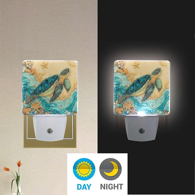 Sea Turtle Night Light Ocean Themed Plug in LED Nightlight Light Sensor Dusk to - Image 5