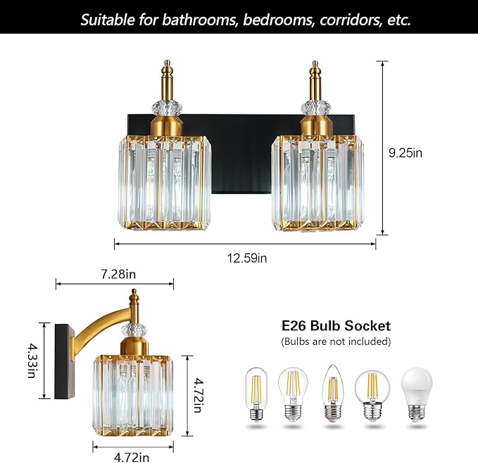 Modern Bathroom Vanity Light 2-Light Black and Gold Crystal Light Fixtures Over - Image 4