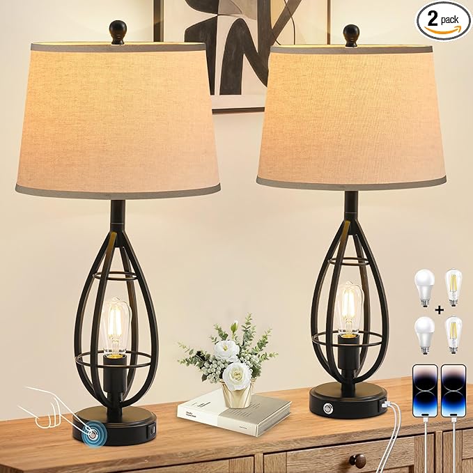 27.8" Farmhouse Table Lamps for Living Room Set of 2, Rustic Nightstand Lamps by RSKLTTR