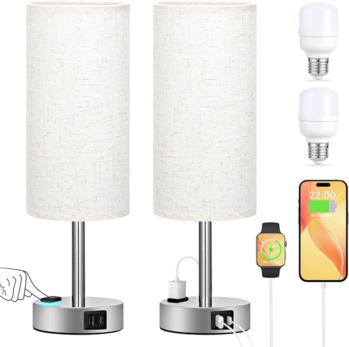 Light Beige Touch Nightstand Lamps Set of 2-3 Way Dimmable Bedside Table Lamps - Image 7