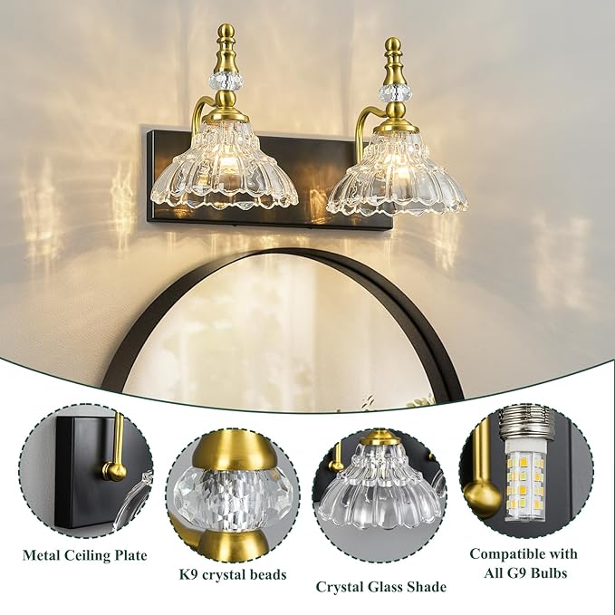 Vintage Bathroom Vanity Light, 2-Light Black Gold Vanity Lighting Fixture - Image 3