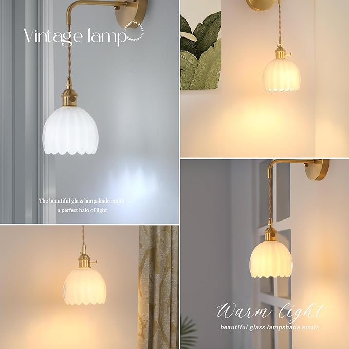 Vintage Wall Sconce with White Tulip Shade Pattern Glass Adjustable Chain Retro - Image 7