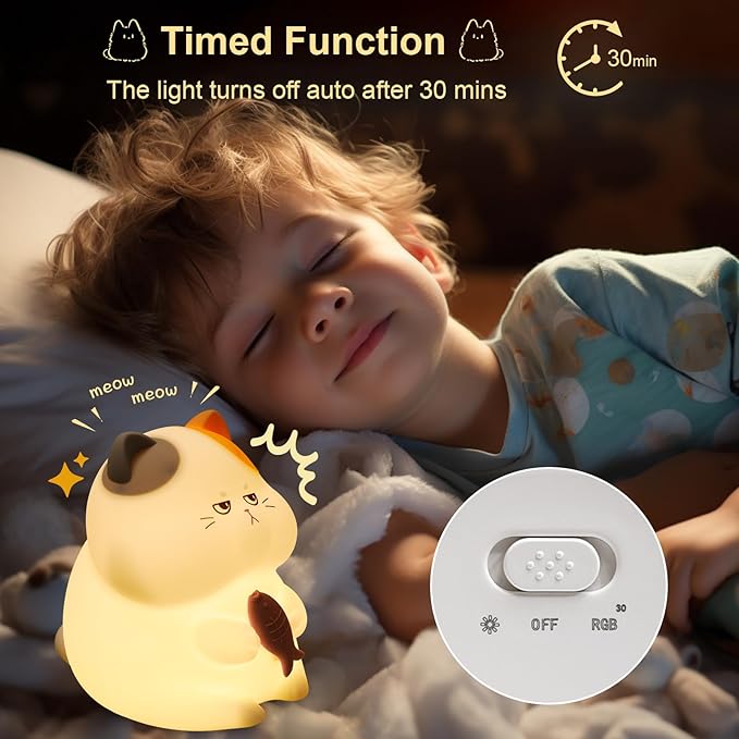 Greedy Cat Night Light for Kids, 3 Levels Dimmable Cute Kitty Nursery Nightlight - Image 5
