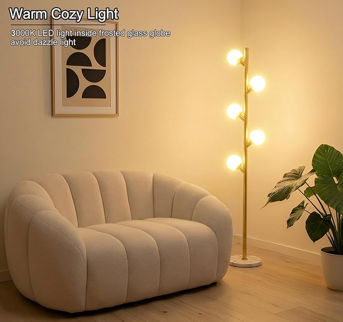 Fiqevs Modern Gold Floor Lamp for Living Room, Glass Globe Mid Century Standing - Image 4