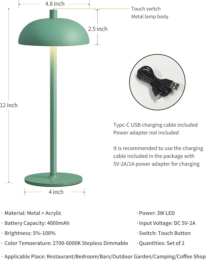 Cordless LED 12" Small Table Lamps Set of 2, Portable Waterproof Desk Lamp - Image 5