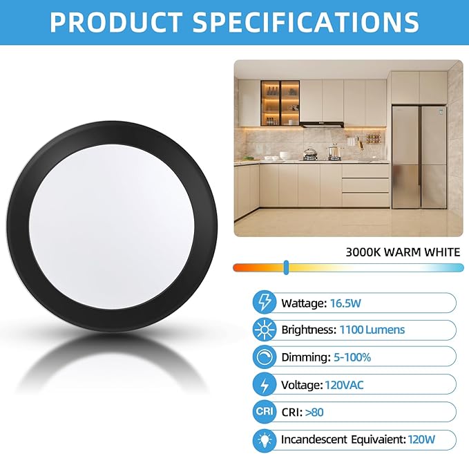ECOELER 5/6 Inch Dimmable LED Disk Lights, 16.5W Black Flush Mount Disc - Image 3