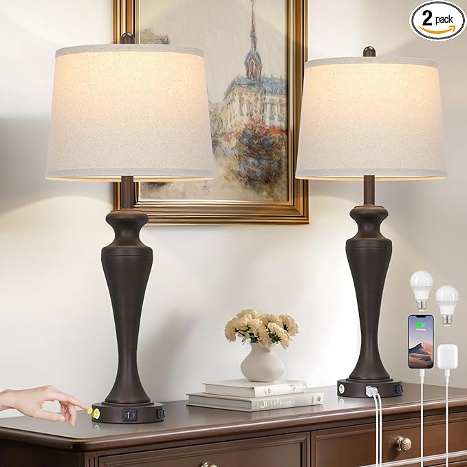 30" Brown Table Lamps Set of 2, 3-Way Touch Control Bedside Lamp by Unknown