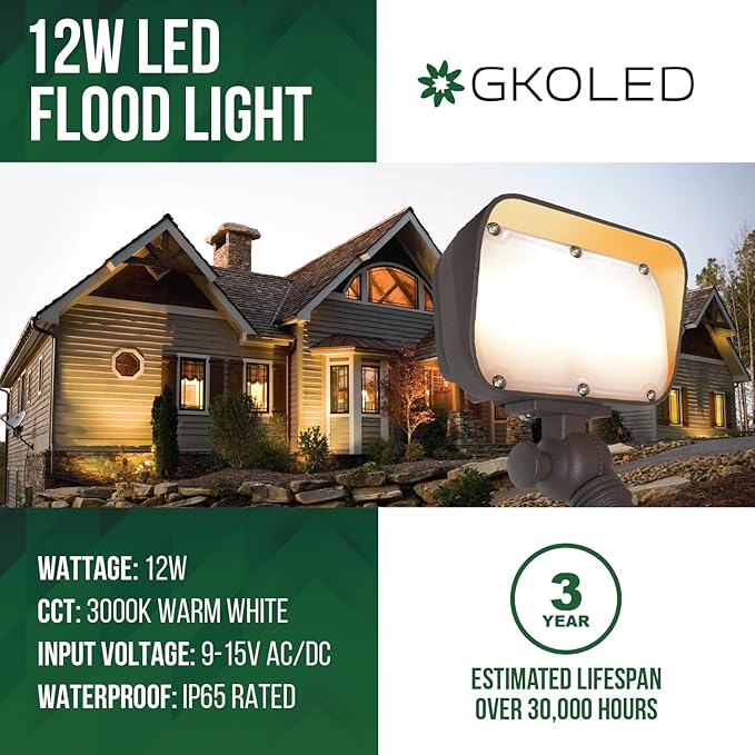 GKOLED 12W LED Flood Lights Outdoor, Aluminum Low Voltage Security Lights - Image 2