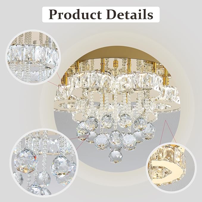 Flashing God 16" Gold Crystal Chandelier Semi Flush Mount Ceiling Light Crystal - Image 2