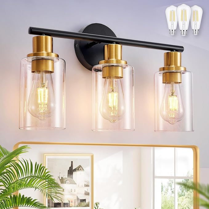 DLLT 3-Light Bathroom Light Fixtures: Black and Gold Modern Vanity Lights by DINGLILIGHTING