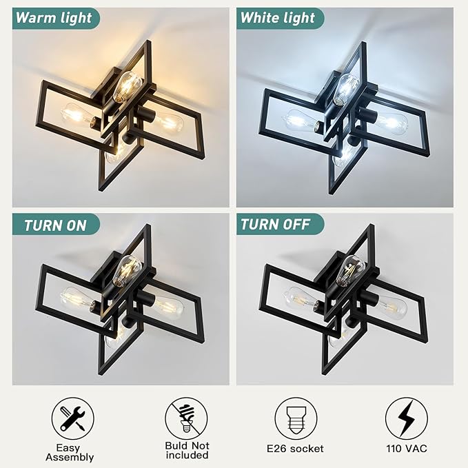 ZGLAOJT 4-Light Flush Mount Ceiling Light Black Industrial Kitchen Light - Image 5