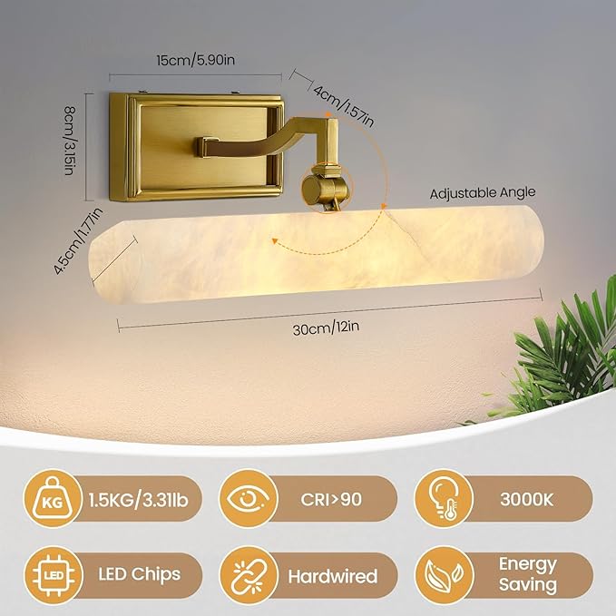 Alabaster Vanity Light, 12in Brass Bathroom Light Fixtures over Mirror - Image 3