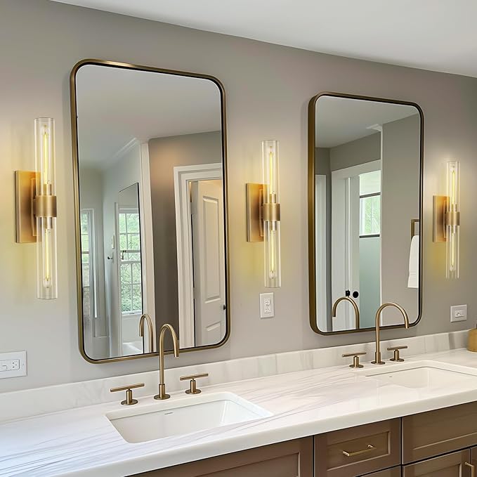 Brass Bathroom Vanity Wall Sconces, 2-Light Glass Tube Wall Sconces, 24 Inch - Image 6