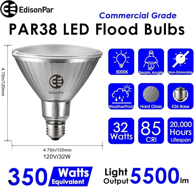 Full-Glass PAR38 LED Flood Light Bulbs Outdoor/Indoor Equivalent 350 Watt - Image 2
