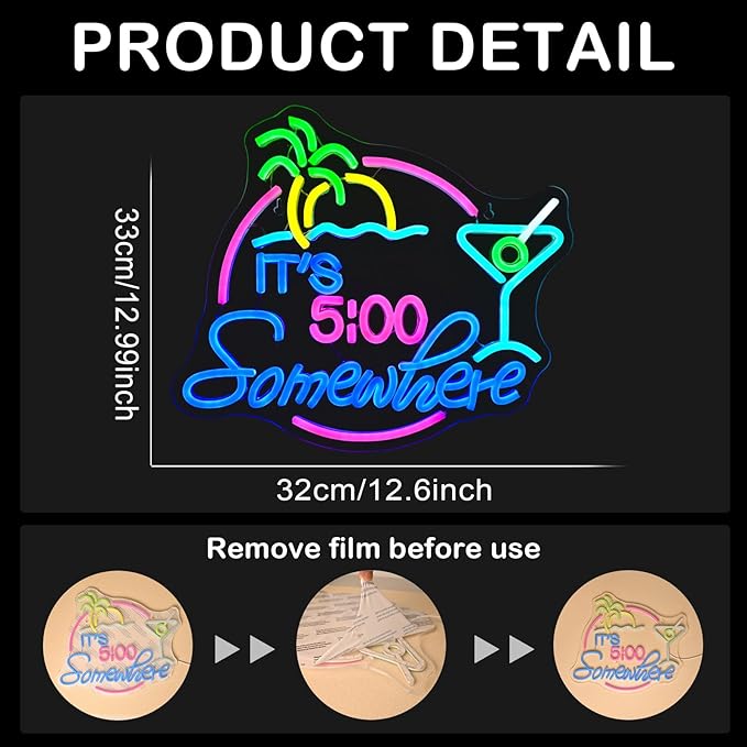 It's 5:00 Somewhere Neon Sign, USB Powered LED Neon Sign - Image 5