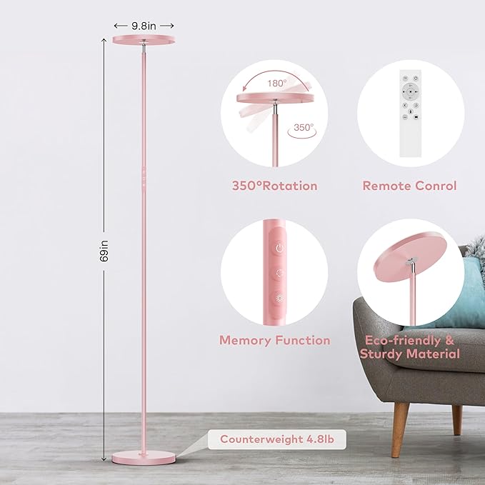 Pink Dimmable Floor Lamp, Bright 36W 3500LM Standing Lamp - Image 5
