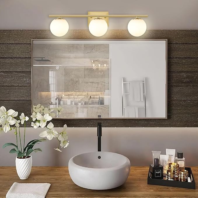 New Bathroom Vanity Light Fixtures 3 Lights Brushed Brass Glass Shade Modern - Image 6