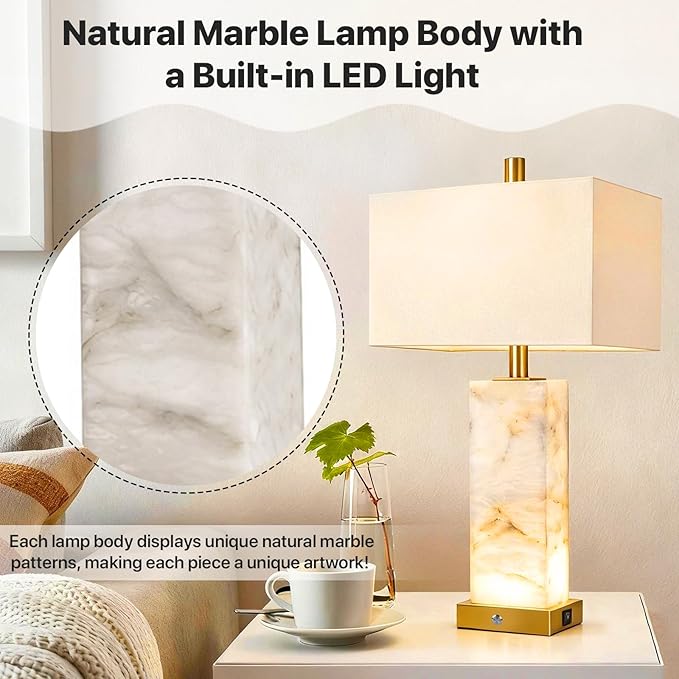 25.6" Alabaster Lamp, Marble Lamp Nightstand Lamps Set of 2, Modern Table Lamp - Image 6