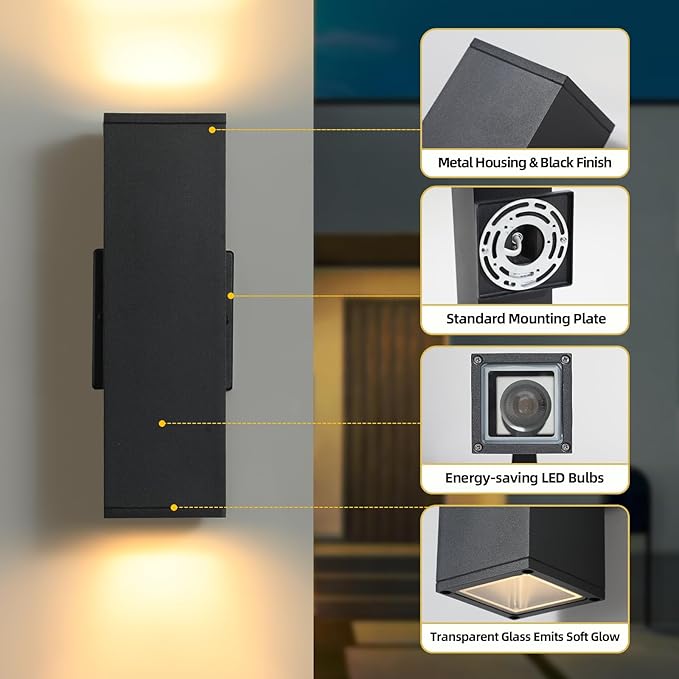 tewei 4 Pack LED Square Up and Down Lights Outdoor Wall Lights, Matte Black - Image 6