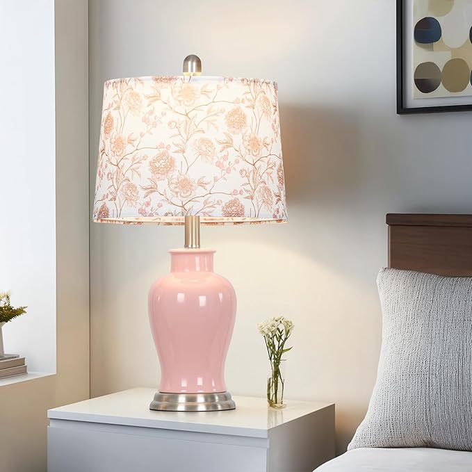 Pink Ceramic Table Lamp with Flower Lampshade, Modern Living Room Lamps Set 2 - Image 5