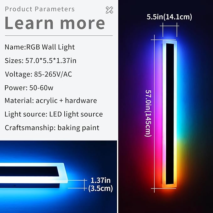 Widened 2 Pack Modern Exterior Lighting Fixtures, 57inch RGB Dimmable Outdoor - Image 2