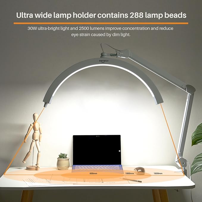 LED Half Moon Light with Desk Clamp, 30W Bright 288PCS LEDs, Metal Swing Arm - Image 3