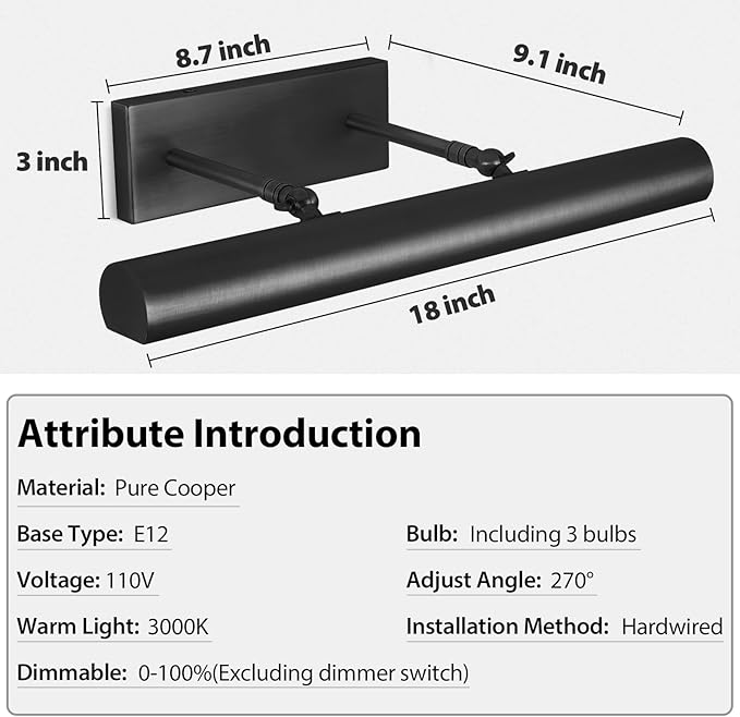 Black Picture Light, 18inch Hardwired Picture Lights, Rotatable Picture Lights - Image 4