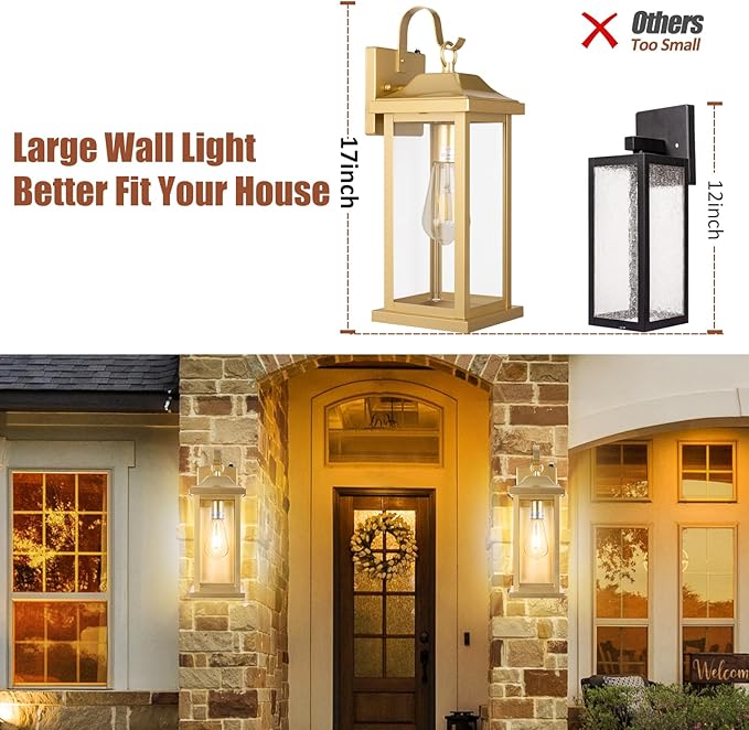Large Gold Outdoor Sconces Dusk to Dawn 2-Pack, 17 Inch Large Porch Light - Image 3