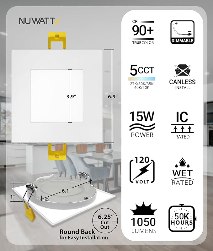 NUWATT 12 Pack 6 Inch Square Ultra-Thin LED Recessed Lighting, Selectable - Image 2