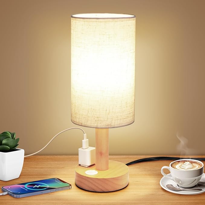 Small Bedside Table Lamp with AC Outlet, Natural Wood Base & Linen Shade by UCHENTON