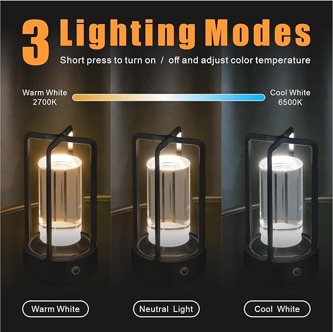 Rechargeable Table Lamp Cordless, 3 Color | Crystal | Stepless Dimming - Image 3