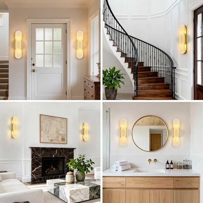 Brass Alabaster Wall Sconces Set of Two, Modern Natural Marble Wall Sconces - Image 6