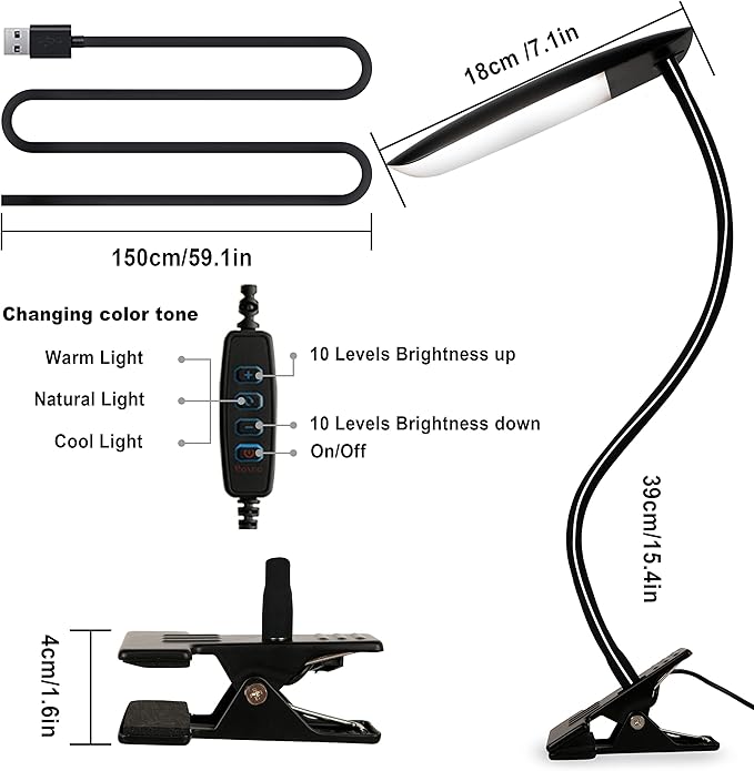 Clip on Lamp USB Reading Light 3 Color Modes 3000-6000K and 10 Brightness 8W 40 - Image 6