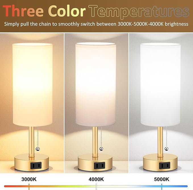 Fenmzee Gold Bedside Table Lamps Set of 2-3 Color Temperatures Pull Chain Lamp - Image 2