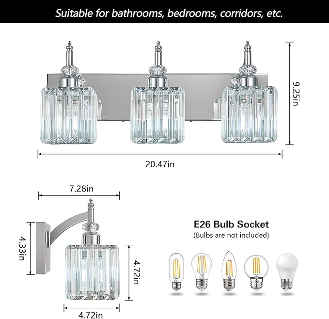 Modern Bathroom Vanity Light 3-Light Chrome Crystal Light Fixtures Over Mirror - Image 4