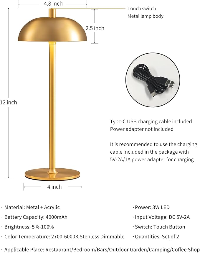 Cordless LED 12" Small Table Lamps Set of 2, Modern Portable Desk Lamp - Image 5