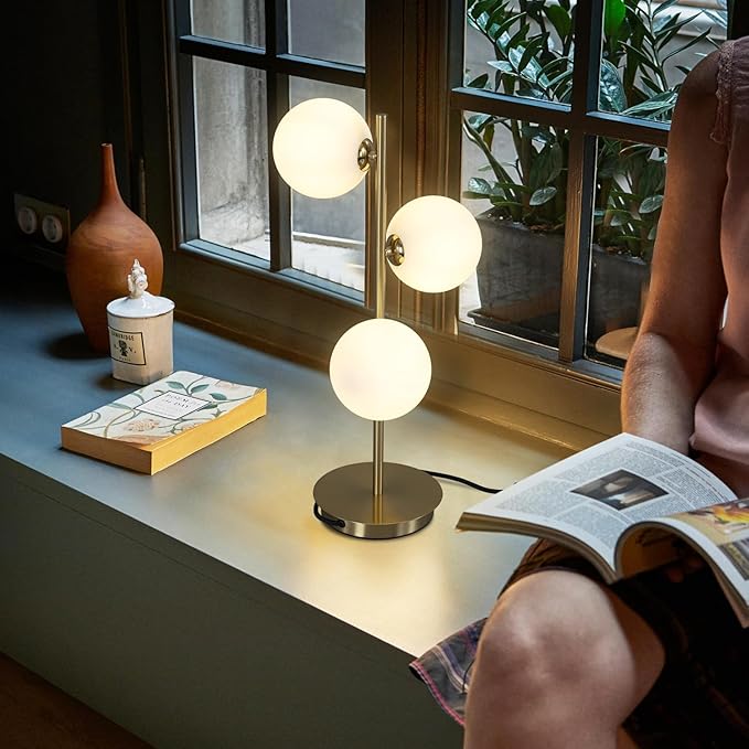 3 Lights Brass Metal Bedside Lamp, Mid Century Globe Table Light, G9 Base - Image 3