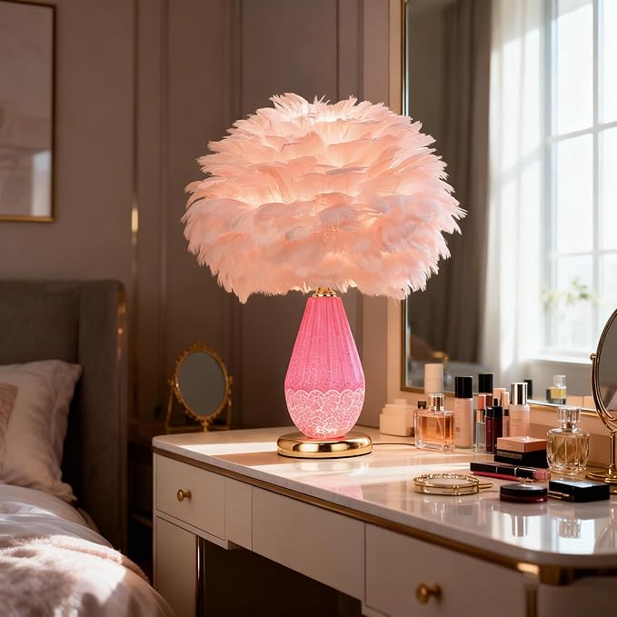 Pink Feather Lamp with Cracked Ice Glass Bottle & Gold Base, Dual Light 3 Color - Image 2
