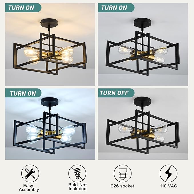 ZGLAOJT 4-Lights Close to Ceiling Light Black and Gold Light Fixture Industrial - Image 5