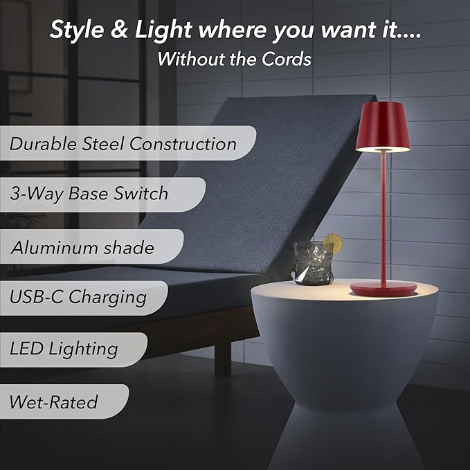 Generation Lighting Mena Accent Rechargeable Table Lamp – 14.5” Dark Red Steel - Image 2
