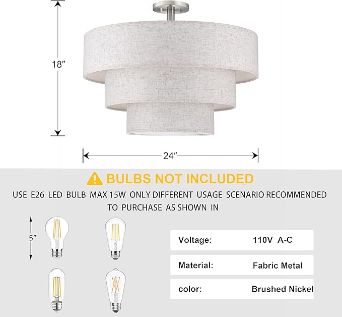 Doraimi Lighting 3 Tier Cream Linen Drum Fabric Semi Flush Mount Light Modern - Image 2