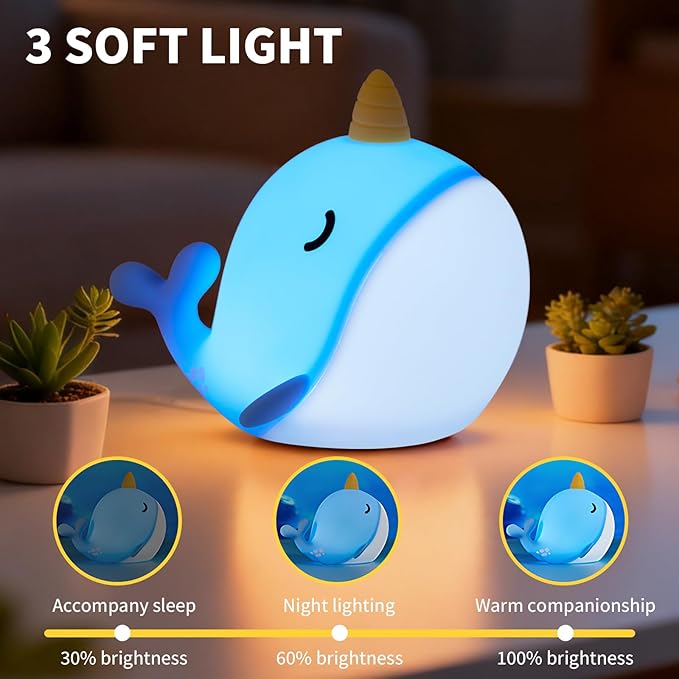 Cute Narwhal Night Light, Tap Control & Color Changing, USB Kids Bed Lamp - Image 3