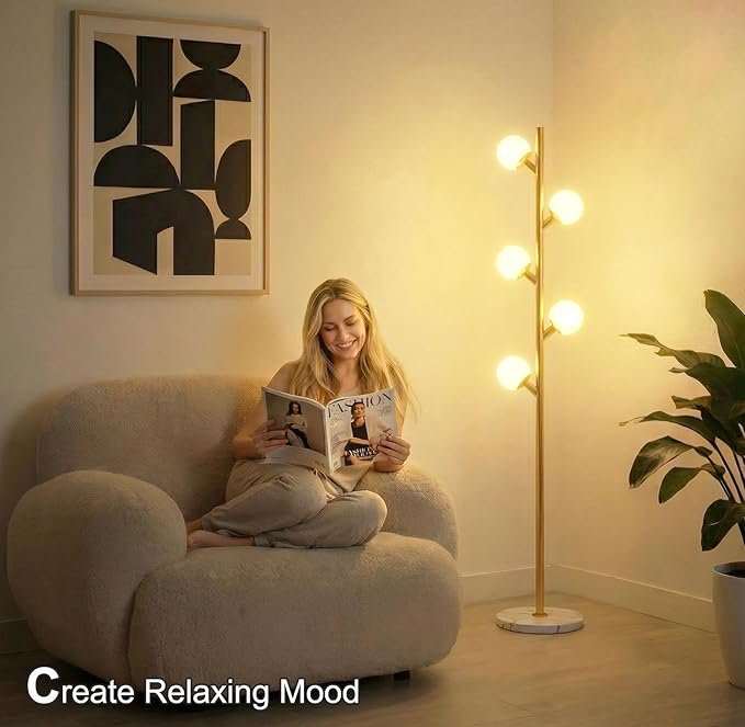 Fiqevs Modern Gold Floor Lamp for Living Room, Glass Globe Mid Century Standing - Image 3