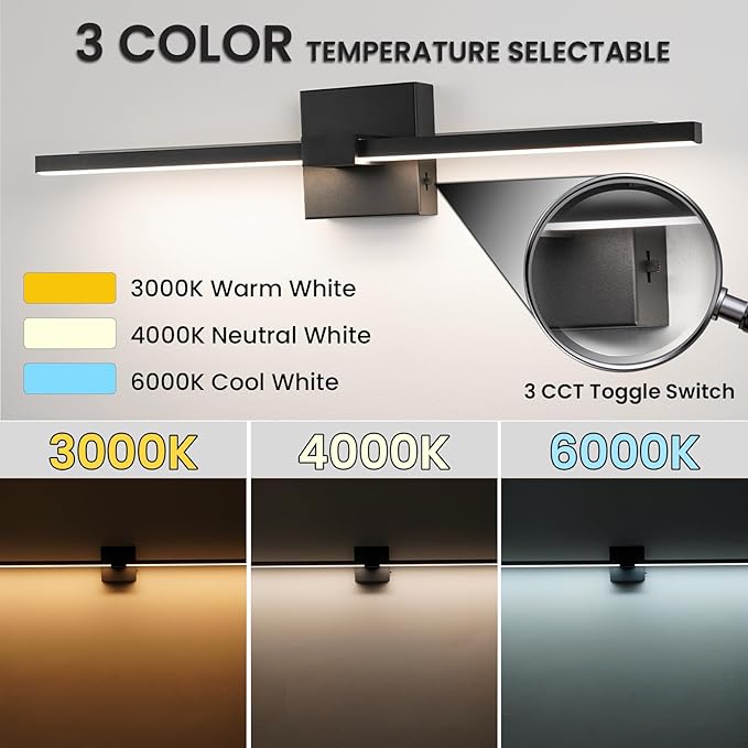 URSOLA Black Bathroom Light Fixtures, 24 inch Modern LED Vanity Lighting Over - Image 3