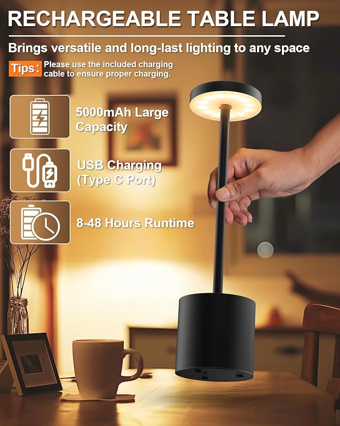 Cordless Table Lamp Set of 2, Rechargeable 5000mAh Battery Powered Outdoor - Image 3
