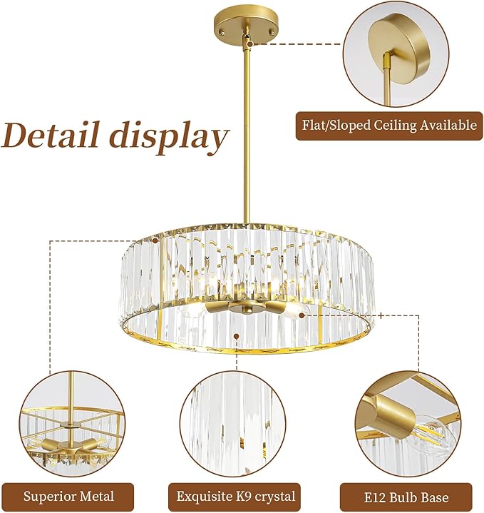 Modern Crystal Chandelier for Dining Room, 16 Inch Gold Semi Flush Mount - Image 6