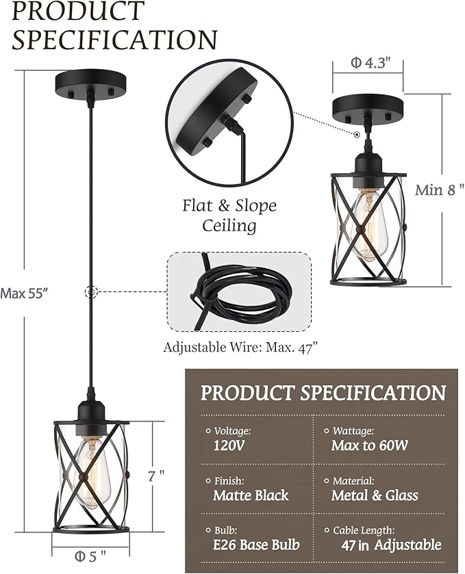 Glass Pendant Lights Kitchen Island 2 Pack, Farmhouse Industrial Cage Hanging - Image 4